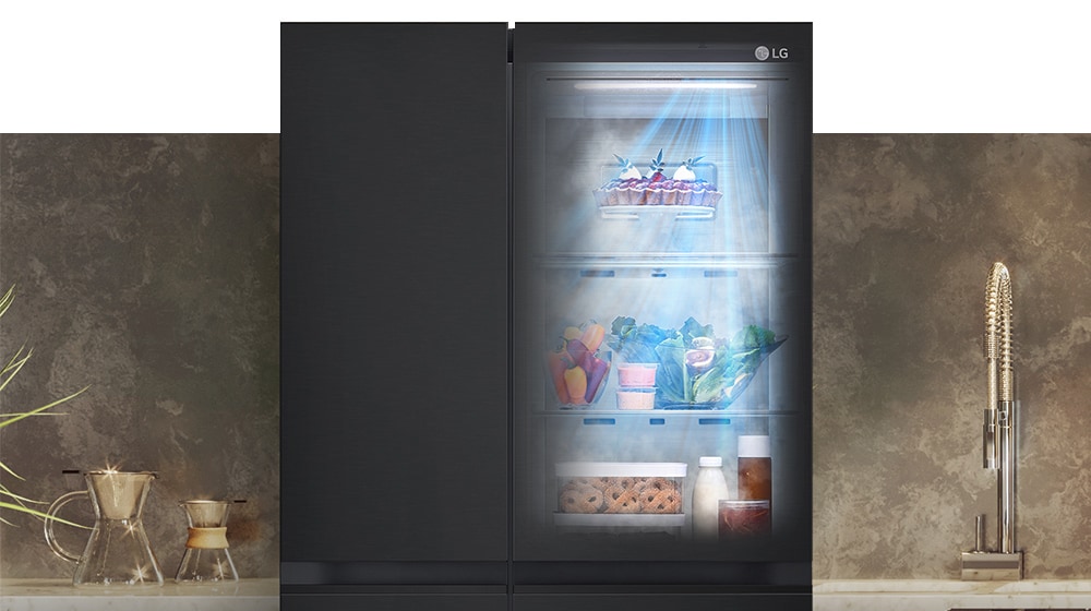 The front view of a black InstaView refrigerator with the light on inside. The contents of the refrigerator can be seen through the InstaView door. Blue rays of light shine down over the contents from the DoorCooling function. 