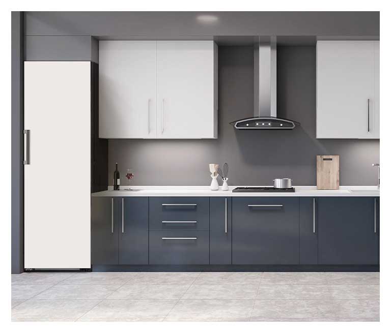 It shows beige color LG Larder Objet Collection is placed in a dark-tone modern kitchen.