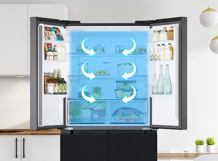 Open lg multi-door refrigerator with multi air flow system, showing cool air circulation for even temperature distribution.