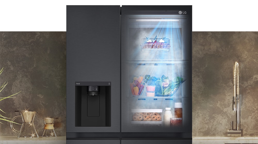 The front view of a black InstaView refrigerator with the light on inside. The contents of the refrigerator can be seen through the InstaView door. Blue rays of light shine down over the contents from the DoorCooling function. 