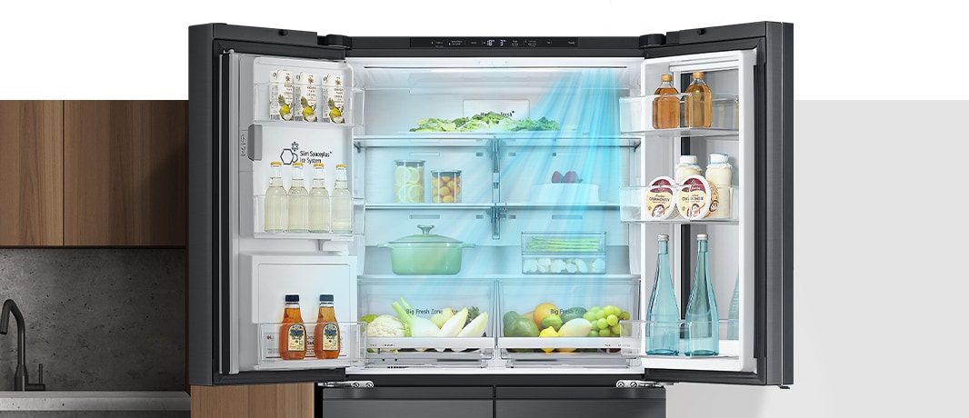 Inside the refrigerator filled with ingredients, blue arrows, which mean cold, are displayed below, on both sides, and on the whole.