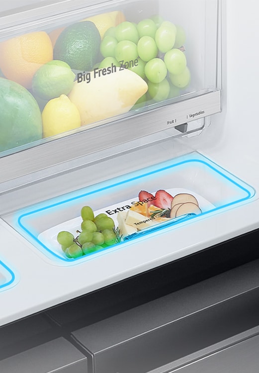 Close-up of the extra space inside the refrigerator