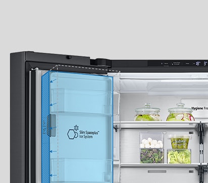 Inside the refrigerator, a slim indoor ice maker is highlighted in blue and the refrigerator is full of ingredients