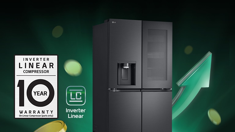 Refrigerator in front of rising arrows and piling coins