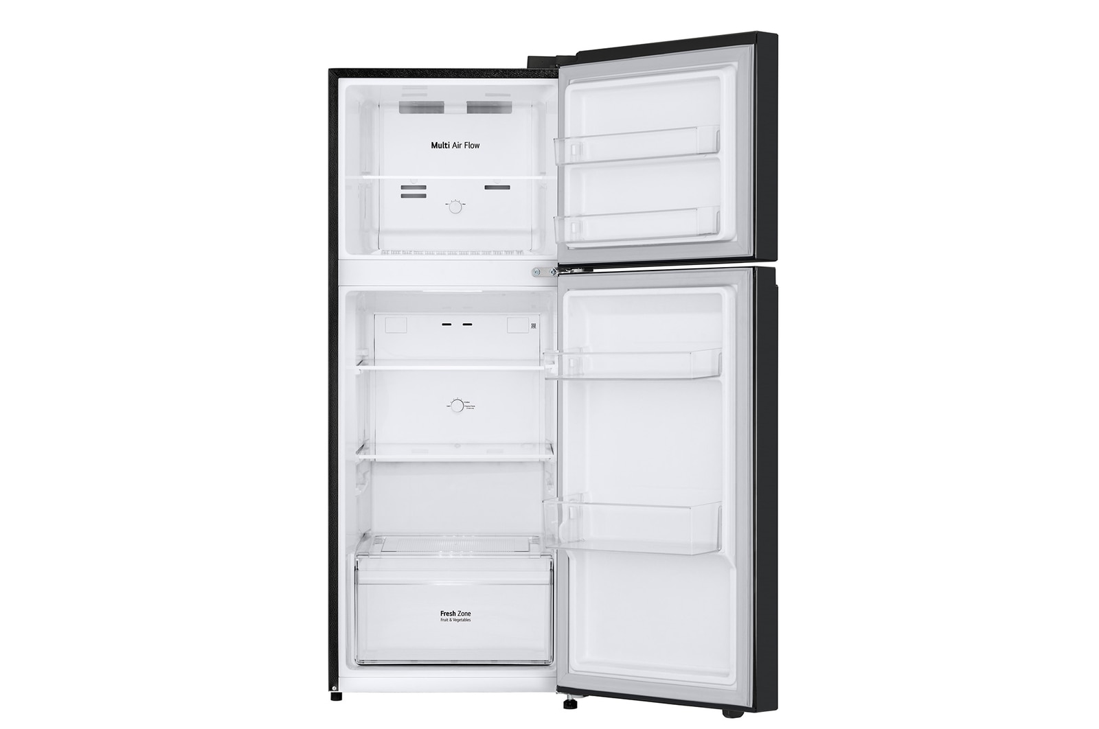 Front open view of 235L Top Freezer Refrigerator Essence Matte Black with LinearCooling and Deodorizer.
