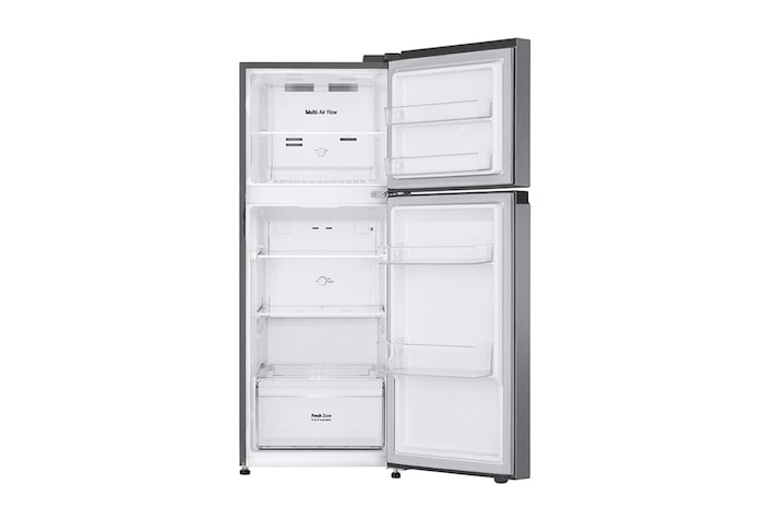 Front open view of 235L Top Freezer Refrigerator Essence Matte Black with LinearCooling and Deodorizer.