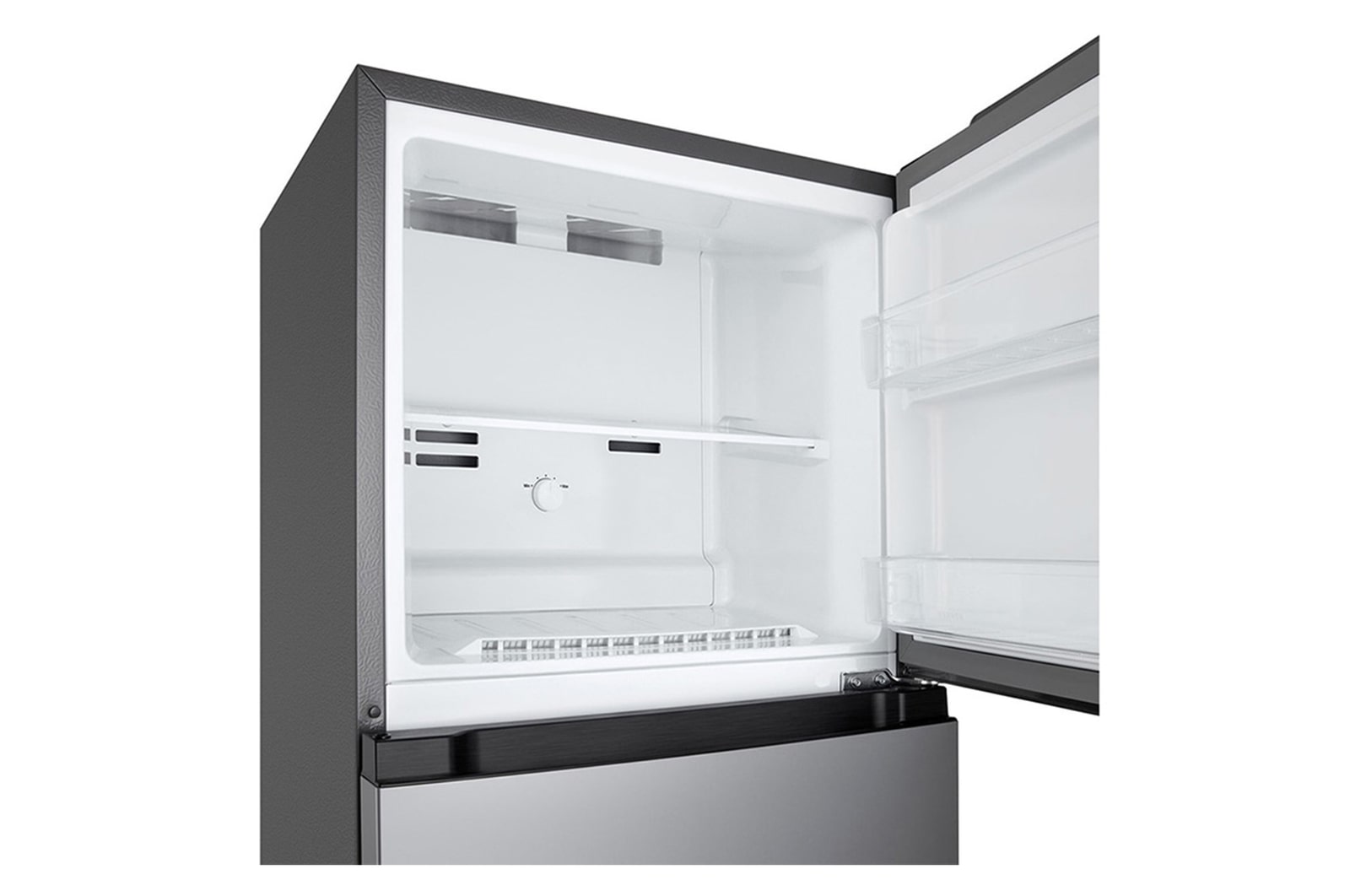 Freezer view of 235L Top Freezer Refrigerator Essence Matte Black with LinearCooling and Deodorizer.