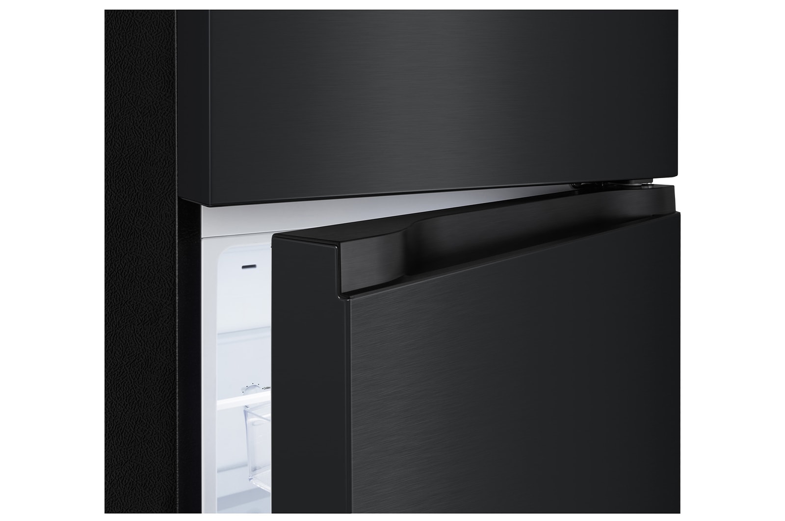 Handle view of 235L Top Freezer Refrigerator Essence Matte Black with LinearCooling and Deodorizer.