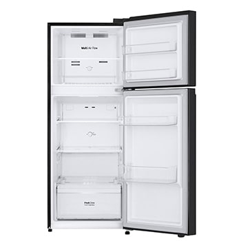 Front open view of 235L Top Freezer Refrigerator Essence Matte Black with LinearCooling and Deodorizer.