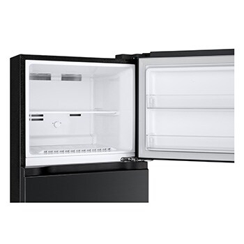 Freezer view of 235L Top Freezer Refrigerator Essence Matte Black with LinearCooling and Deodorizer.