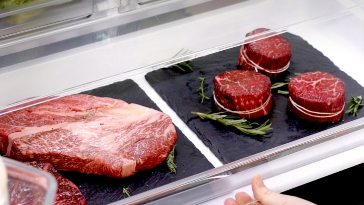lg french door refrigerator with fresh converter feature, showcasing temperature control settings for storing meat, fish, and vegetables to maintain freshness.
