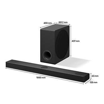 Angled view of LG Soundbar S80TY and subwoofer with measurement