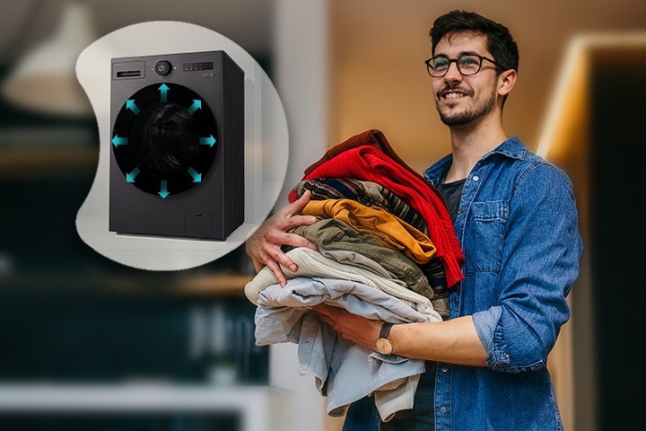 He's standing with the finished laundry, and next to him, he's showing a larger image of the interior of the washing machine