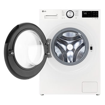 LG washer dryer (f4x9eup25m) front view in white with door open