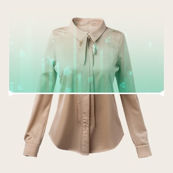 Beige blouse overlaid with digital sensing motion, representing AI Wash fabric detection