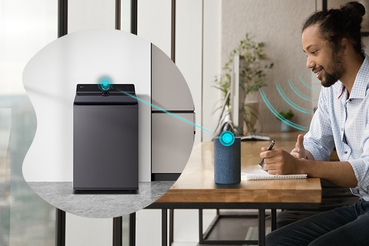 A man controlling the LG washing machine with voice assistant