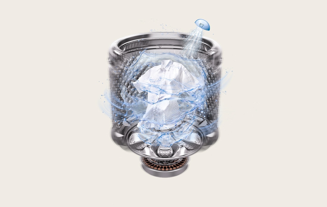 Washer drum with downward water jet spraying over laundry, visualizing fast rinsing with JetSpray