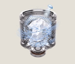 Washer drum with downward water jet spraying over laundry, visualizing fast rinsing with JetSpray