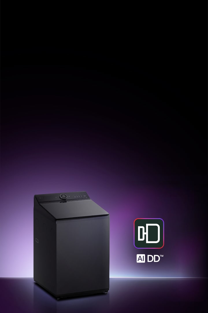 A dark gray top-loading washing machine displayed on a glowing purple background with a logo representing AI-powered washing
