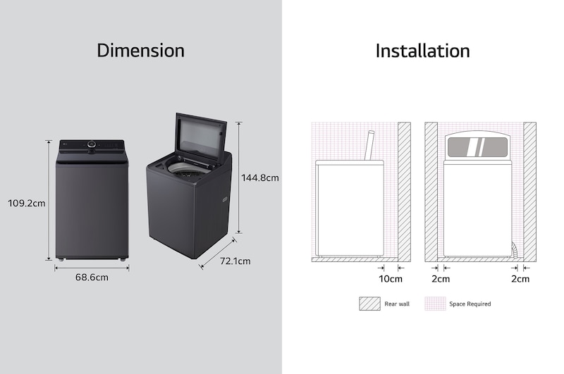 image for dimension and installation of LG Top Loading Washing Machine