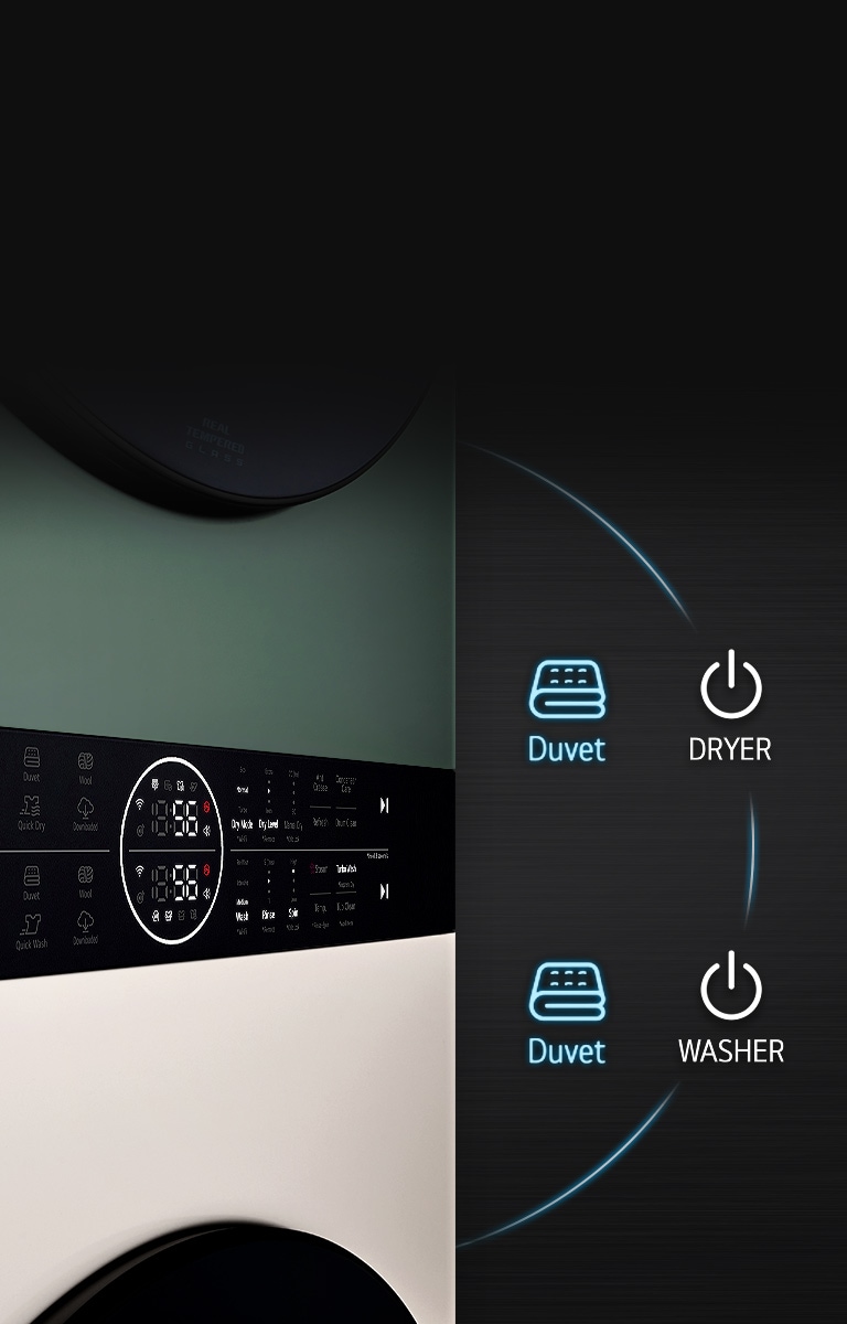 This is an image of the product panel. Dryer's Duvet button and Washer's Duvet button are highlighted.