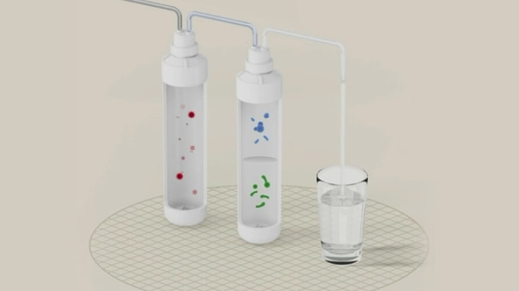 A video showing the filtration process of water being purified	
