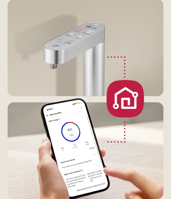 An image of a water purifier connected to a smartphone running the ThinQ app 
