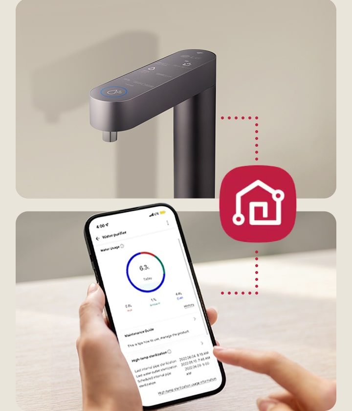 An image of a water purifier connected to a smartphone running the ThinQ app	