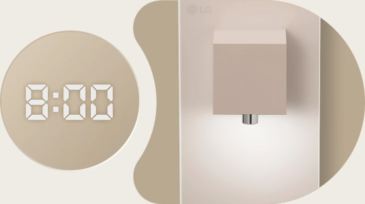 The alarm light on the LG water purifier turns on at 8 o'clock.