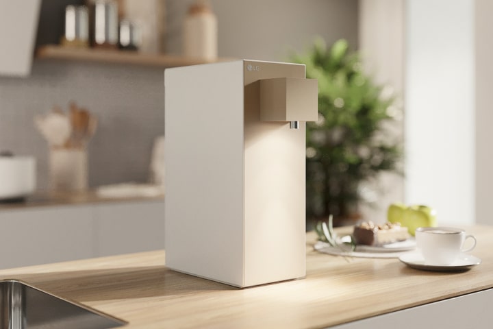 LG water purifier with creamwhite light on in a modern style kitchen.