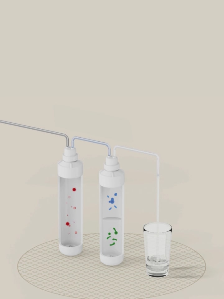 Water passes through a filter and becomes clean.