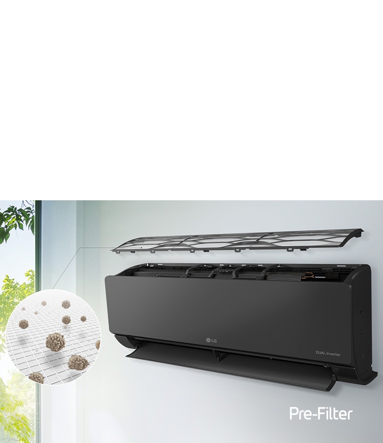The LG air conditioner is installed on the wall and seen from the side angle. The top panel is flaoting above see the inner filters can be seen. A line from the pre-filter leads out to a magnified circle showing the dust caught in the pre-filter. The SafePlus Pre-Filter logo is shown in the bottom right corner.