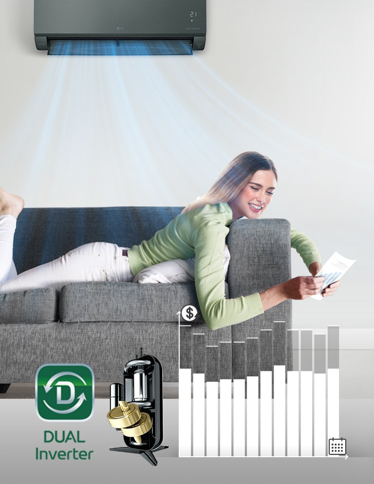 A woman on a sofa with the AC above. Beside, an image of the Dual Inverter and logo with a bar graph indicating money saved.