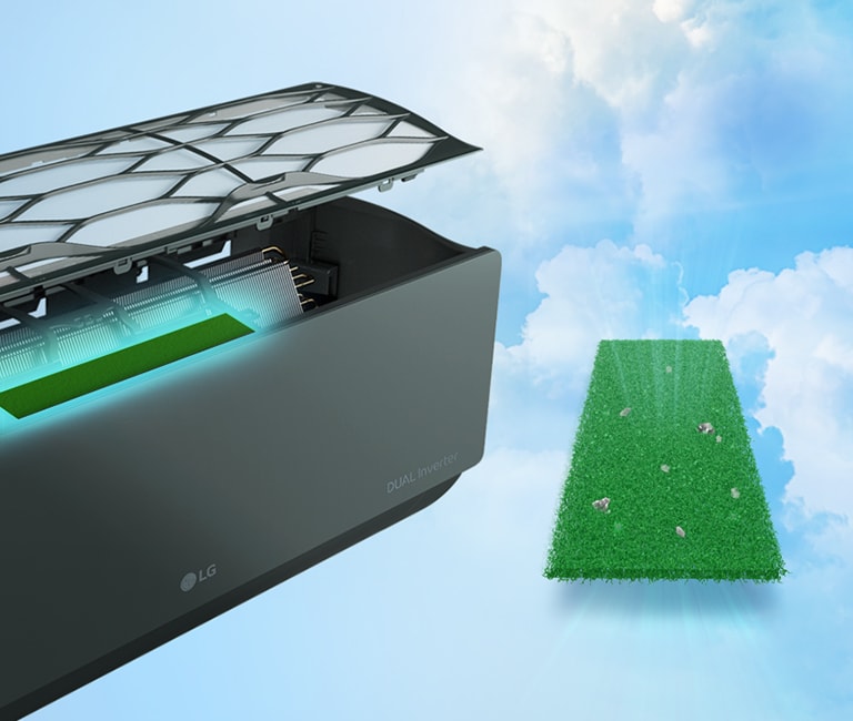 The side angle of the AC showing allergy filter installed inside. Beside is the allergy filter with dust mites caught.