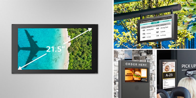 The left one shows a 22XE1J installed on the wall showing its 21.5" in size. On the right, there are various screen types: A hanging type, kiosk type, and stand-alone installation type.
