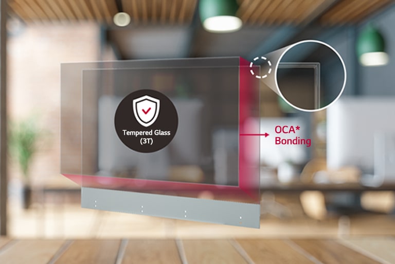 A thin and transparent tempered glass is attached to the Transparent OLED screen.