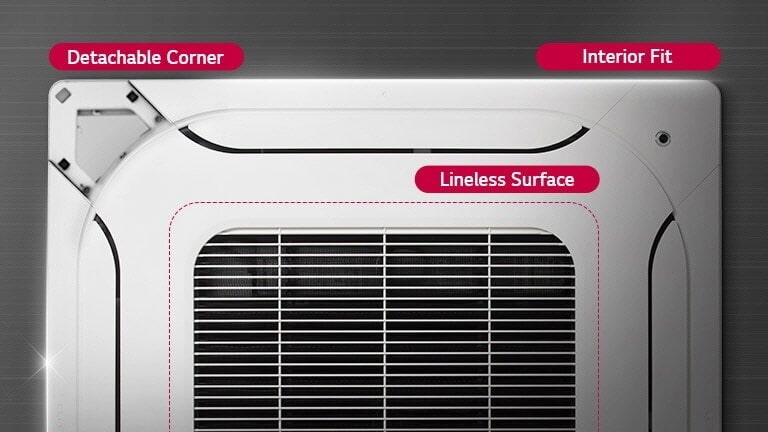 The bottom view of the LG ceiling unit with three key features: a detachable corner, interior fit, and a lineless surface for center ventilation.