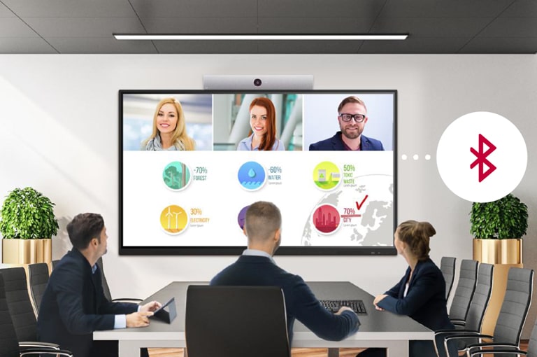 Three people are gathered in a conference room, having a virtual meeting with other people who are appearing on the screen.