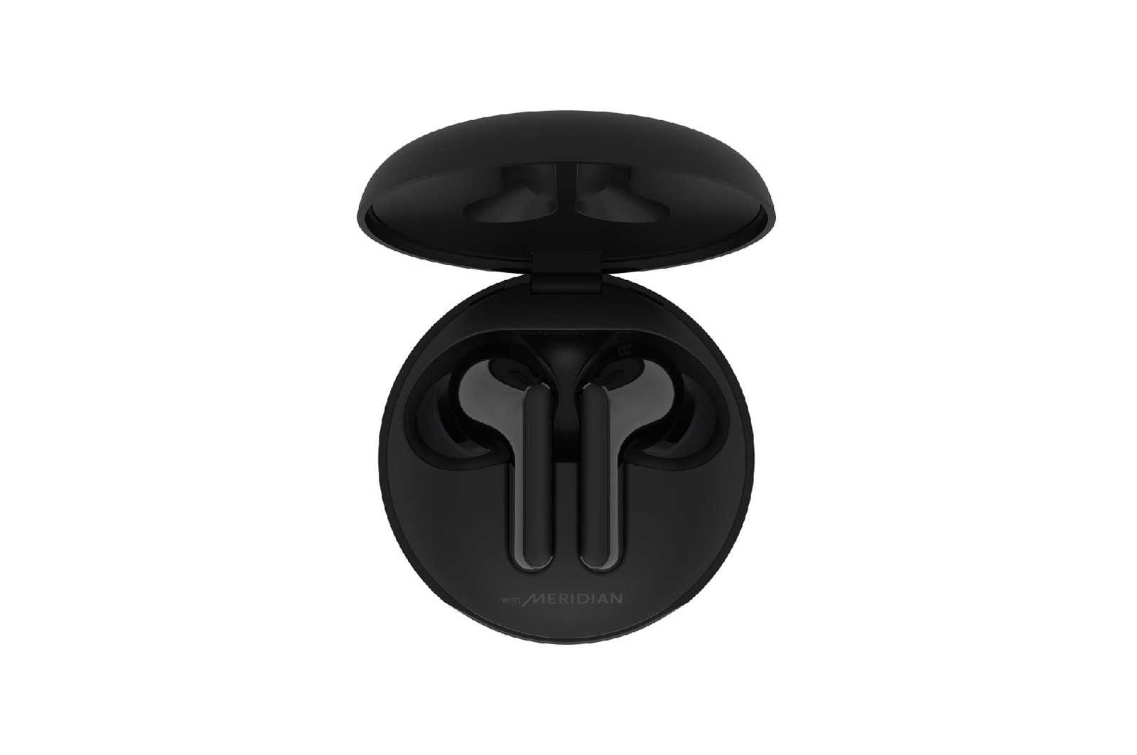 A top view of a cradle opened up and two earbuds inside it