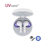 A top view of a cradle opened up and two earbuds inside it with UV lighting on
