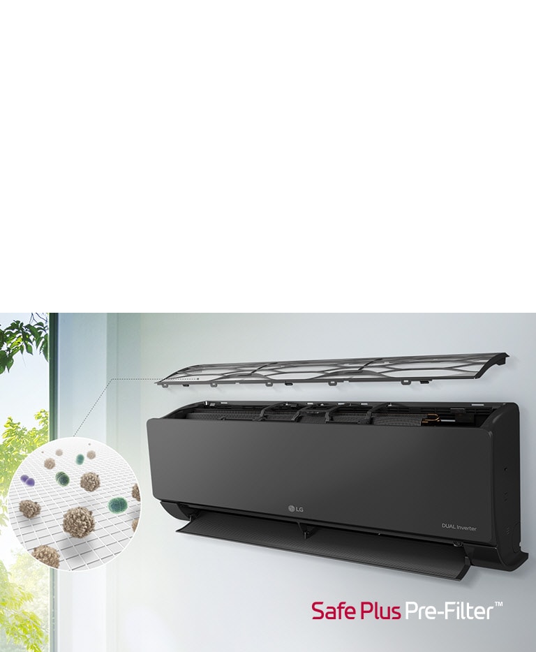 The LG air conditioner is installed on the wall and seen from the side angle. The top panel is flaoting above see the inner filters can be seen. A line from the pre-filter leads out to a magnified circle showing the dust caught in the pre-filter. The SafePlus Pre-Filter logo is shown in the bottom right corner.
