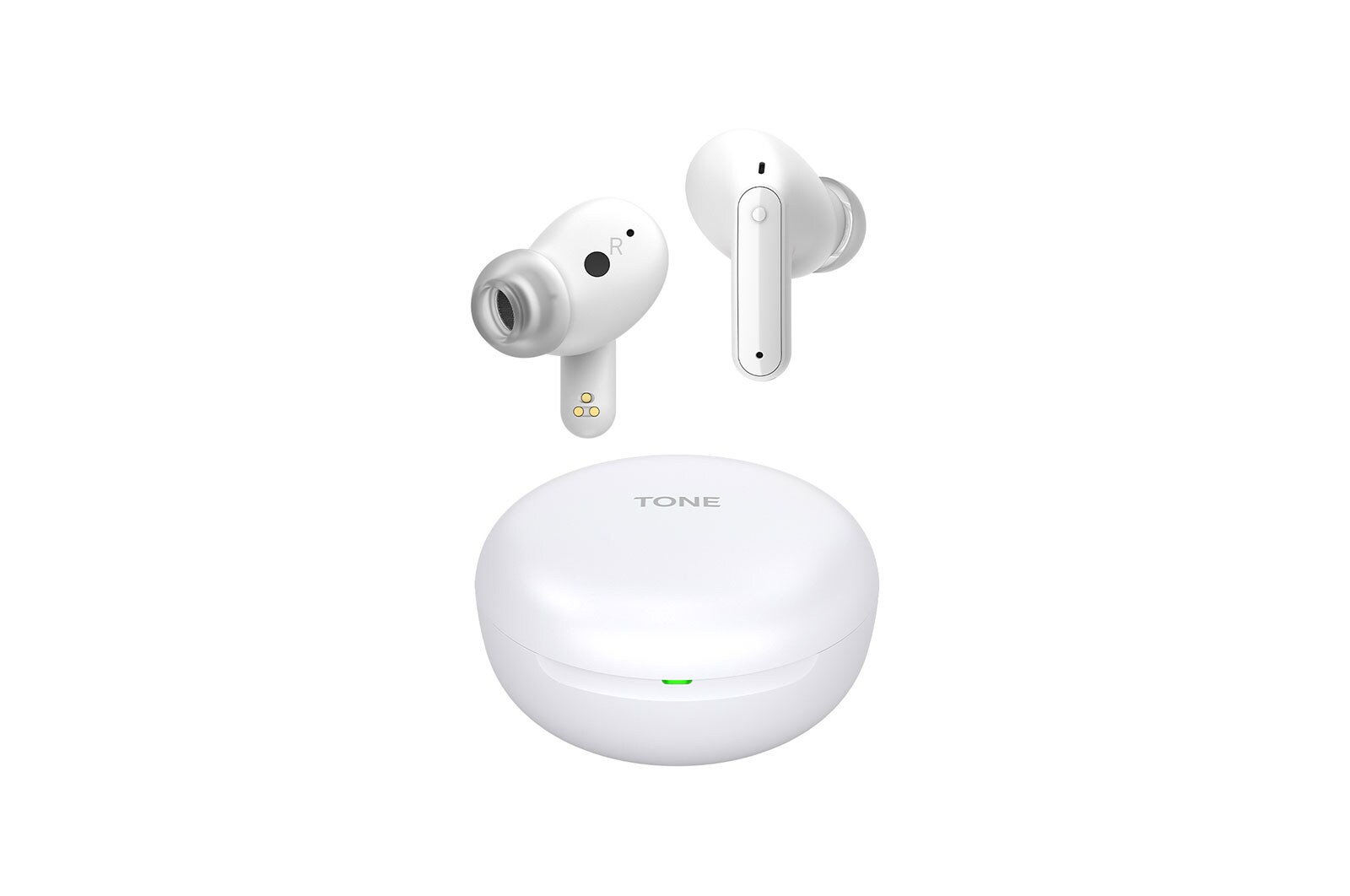 Image with earbuds floating over a closed cradle.