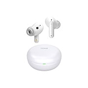 Image with earbuds floating over a closed cradle.