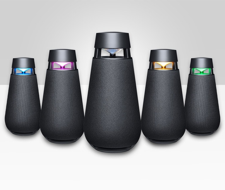 5 XBOOM 360 Speakers in a line.
