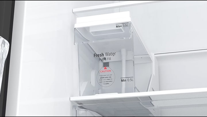 A refrigerator door opening, water being poured into the water tank, and ice being dispensed from the door.