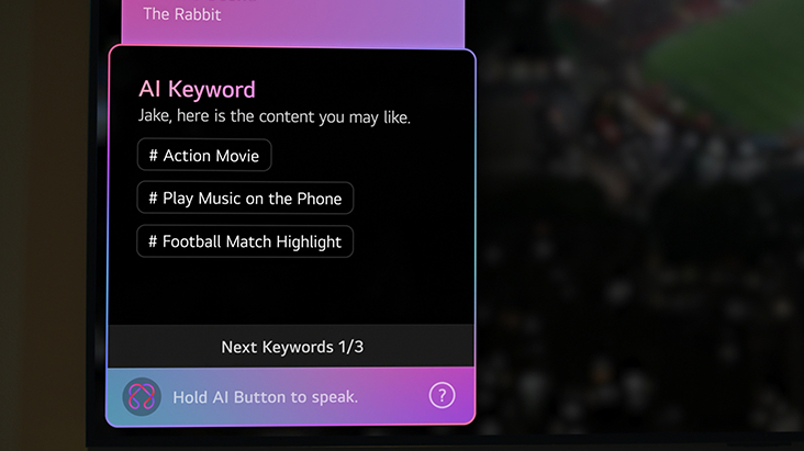 LG AI TV featuring AI Concierge highlights personalized content recommendations based on using habits, with the AI button surfacing tailored suggestions, feature recommendations, and quick access shortcuts. LG AI TV featuring AI Concierge highlights personalized content recommendations based on using habits, with the AI button surfacing tailored suggestions, feature recommendations, and quick access shortcuts.