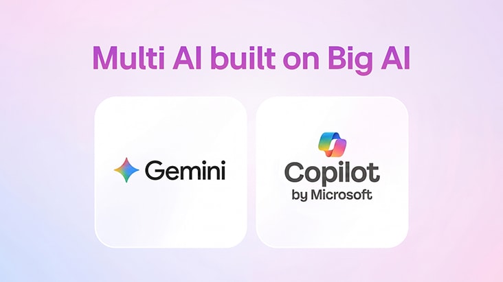 LG AI TV featuring AI Search with Google Gemini and Microsoft Copilot shows the text “Multi AI built on Big AI,” allowing users to press the AI button for contextual answers and personalized content discovery. LG AI TV featuring AI Search with Google Gemini and Microsoft Copilot shows the text “Multi AI built on Big AI,” allowing users to press the AI button for contextual answers and personalized content discovery.