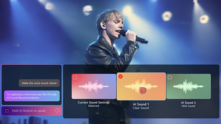 LG AI TV featuring AI Picture Wizard and AI Sound Wizard shows a singer performing on screen with customizable sound profiles and audio settings tailored to individual viewing and listening preferences. LG AI TV featuring AI Picture Wizard and AI Sound Wizard shows a singer performing on screen with customizable sound profiles and audio settings tailored to individual viewing and listening preferences.
