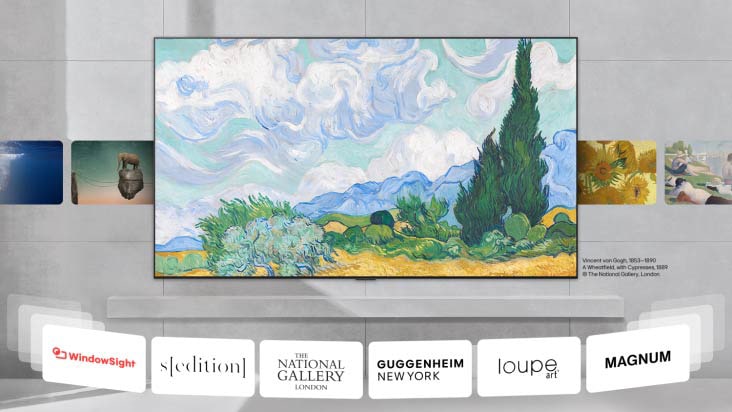 LG AI TV with LG Gallery+ displays curated artwork in a home interior, featuring Vincent van Gogh’s “A Wheatfield, with Cypresses” at the center, along with partner museum references. LG AI TV with LG Gallery+ displays curated artwork in a home interior, featuring Vincent van Gogh’s “A Wheatfield, with Cypresses” at the center, along with partner museum references.