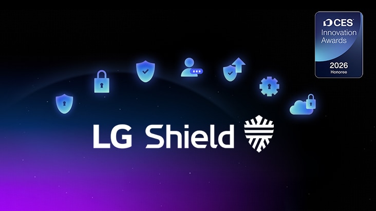 LG Shield emblem is shown on a dark background with security icons, highlighting webOS protection for privacy, data security, and system integrity. A CES Innovation Awards 2026 Honoree badge is also shown.